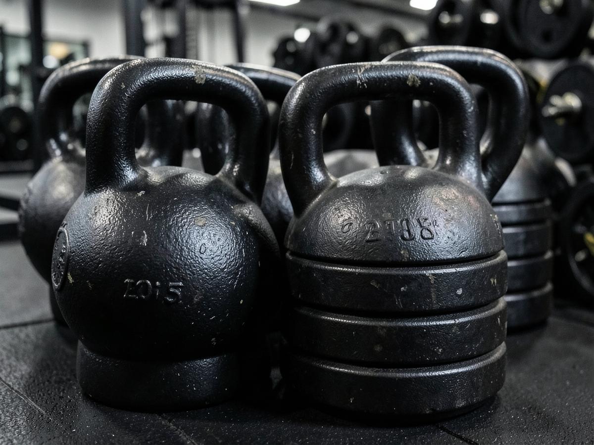 Kettlebells and weight plates close-up